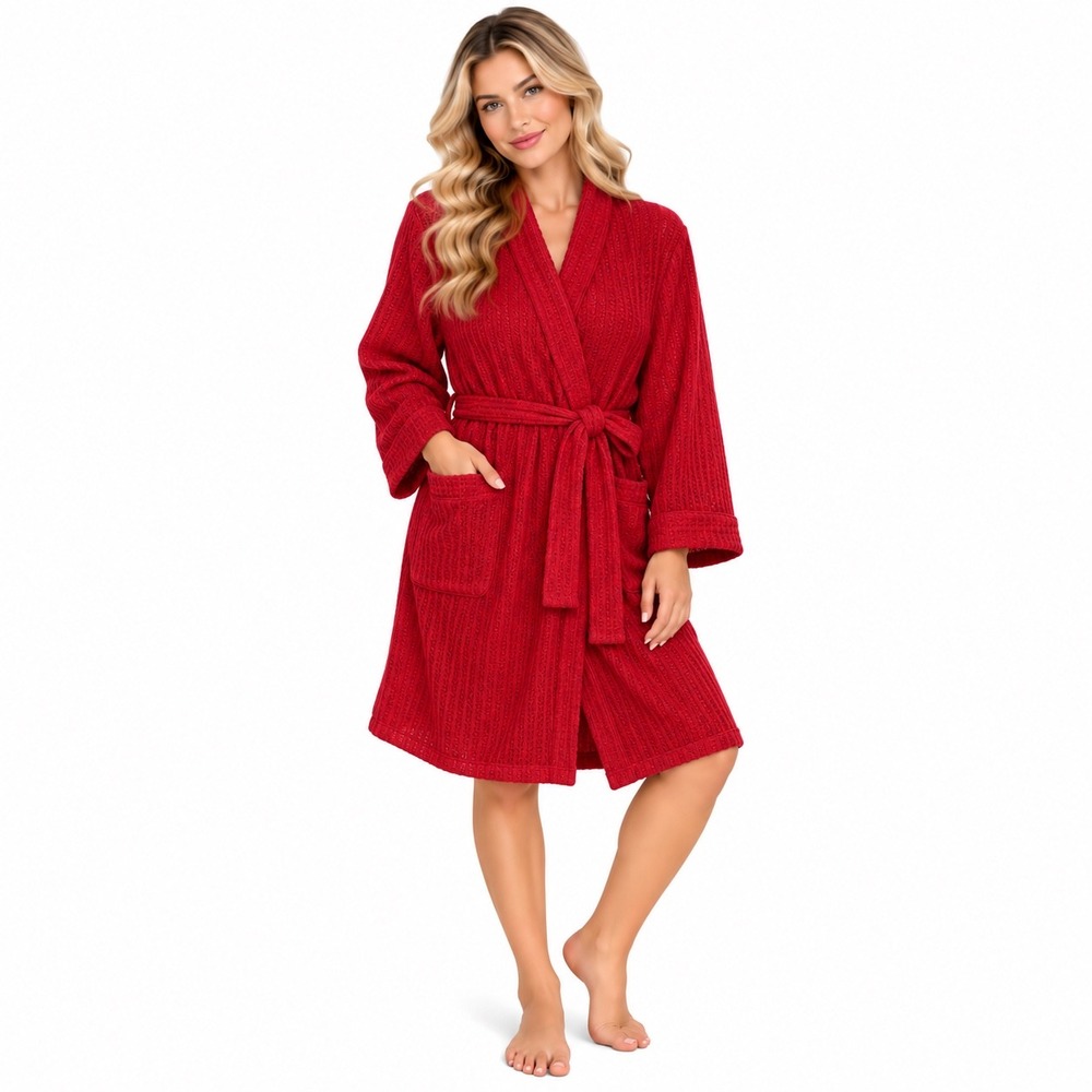 Waffle Robe Womens OS Red Belted Long Sleeve Loungewear Gift Christmas Valentine